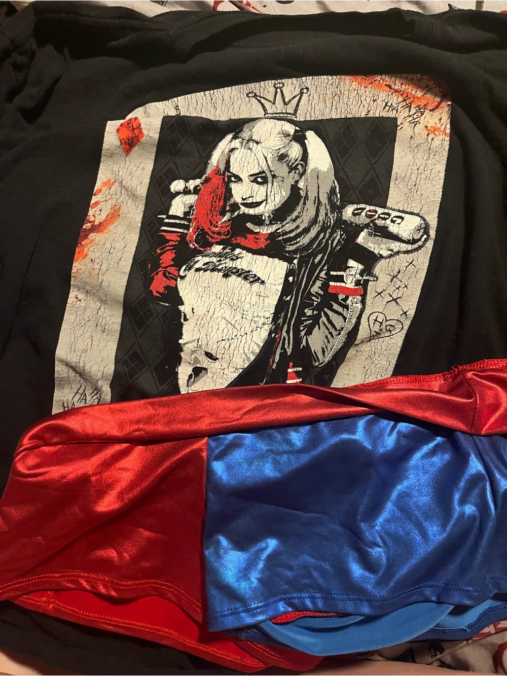 Harley Quinn Graphic Tee with Red & Blue Shorts